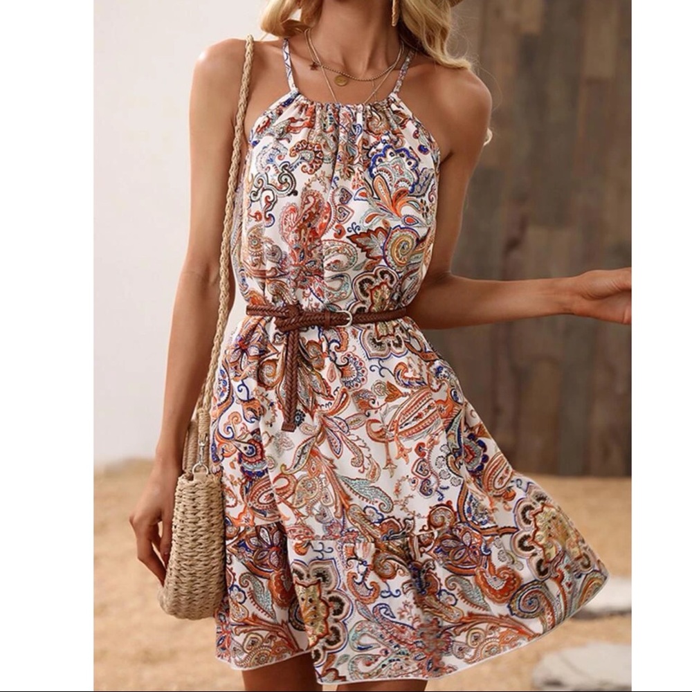 Boho Floral Paisley Print Cottagecore Mini Dress - Picture 2 of 8